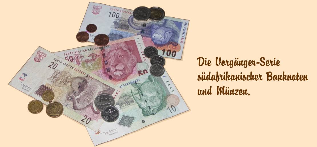 die Vorgänger-Serie südafrikanischen Banknoten und Münzen